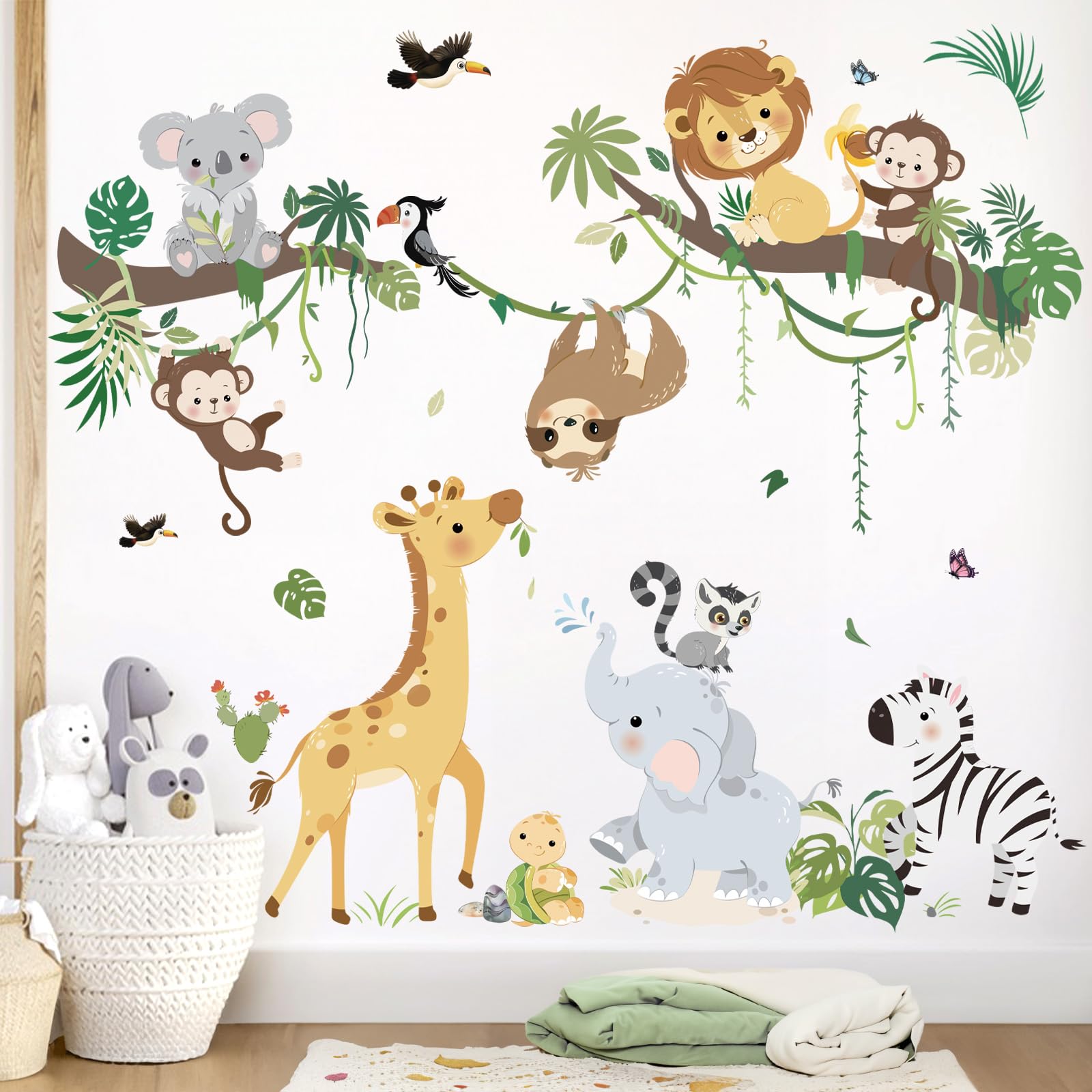 DecalMile Jungle Animals tree-branch decal on nursery wall for playful decor.