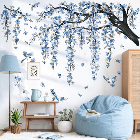 DecalMile large blue flower branch wall decal creates a calming living room focal point