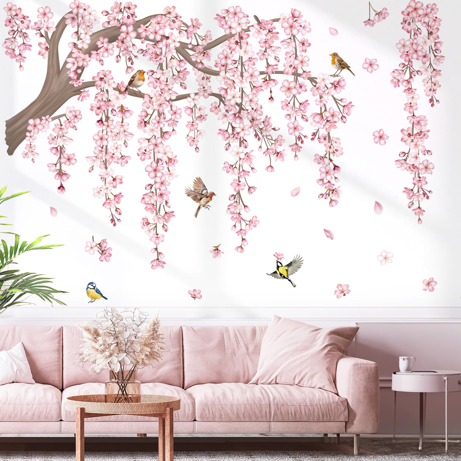 Decalmile large pink flower tree branch wall decal adds vibrant focal point to living rooms.