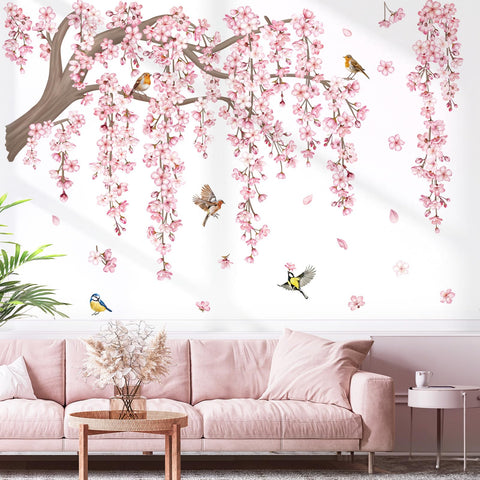 Decalmile large pink flower tree branch wall decal adds vibrant focal point to living rooms.