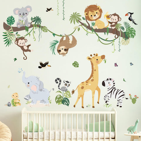 DecalMile Monkey-Giraffe-Lion wall stickers brighten a kids' room.