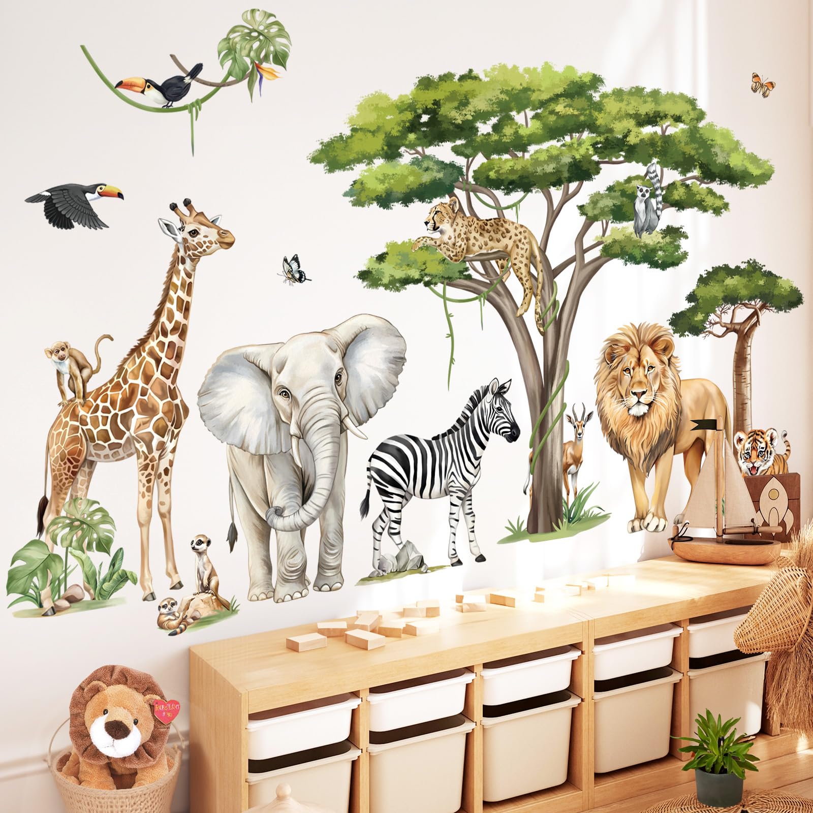 DecalMile safari animals tree stickers collection adds bright jungle vibes to your nursery.