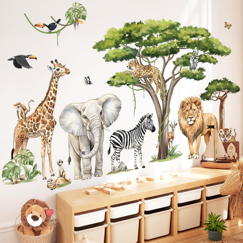 DecalMile safari animals tree stickers collection adds bright jungle vibes to your nursery.