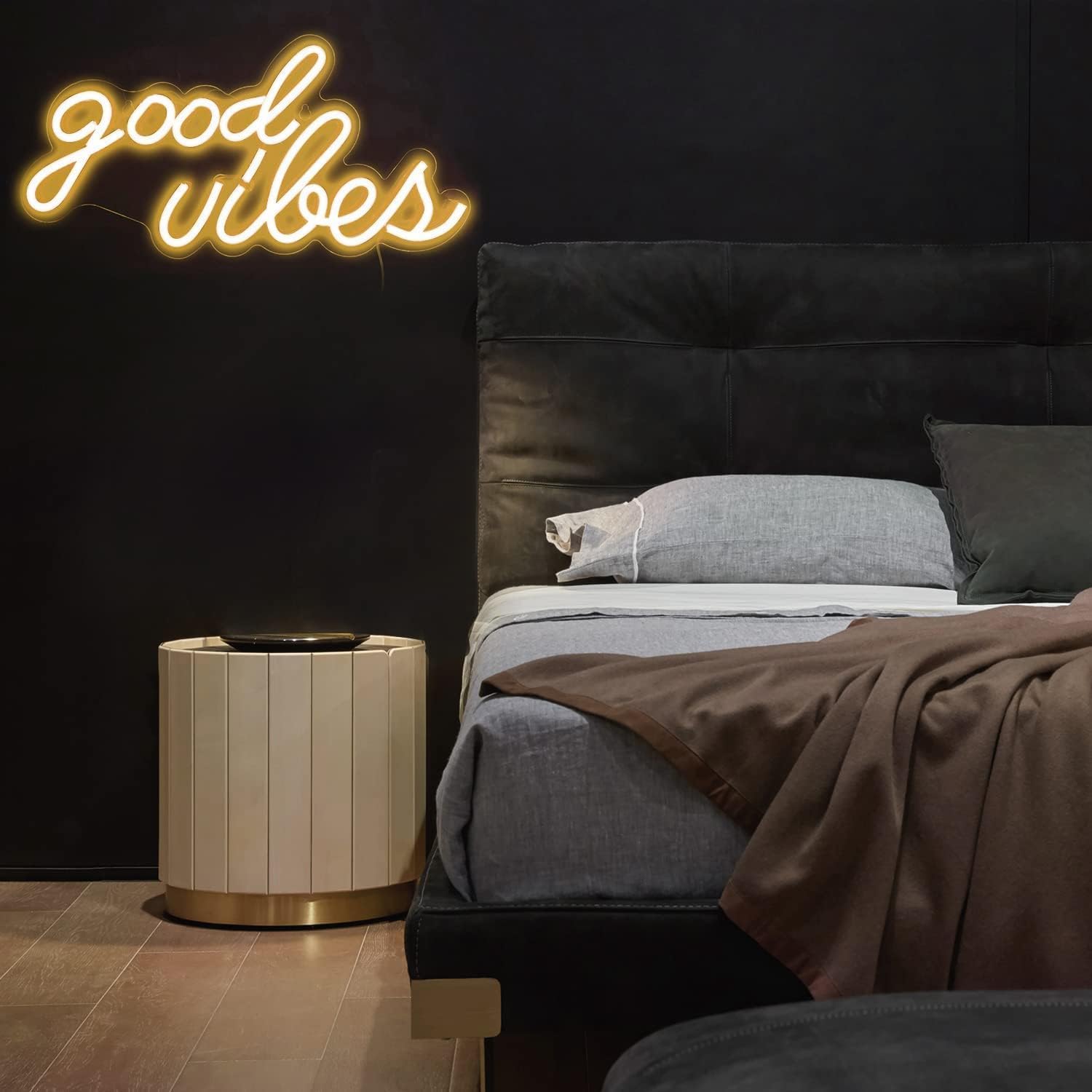 DECANIT Good Vibes neon sign used as a wedding backdrop with cozy warmth.