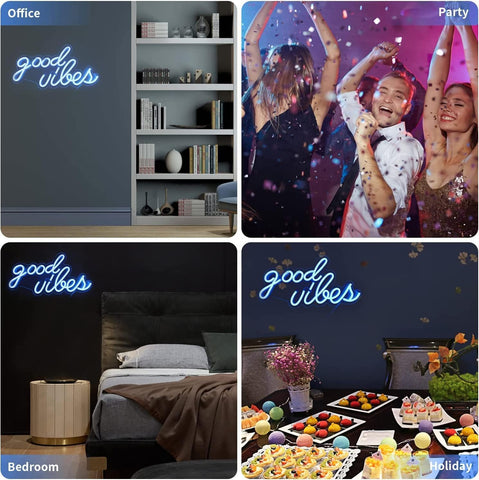 DECANIT Good Vibes neon sign ice blue adds modern lighting to bar decor
