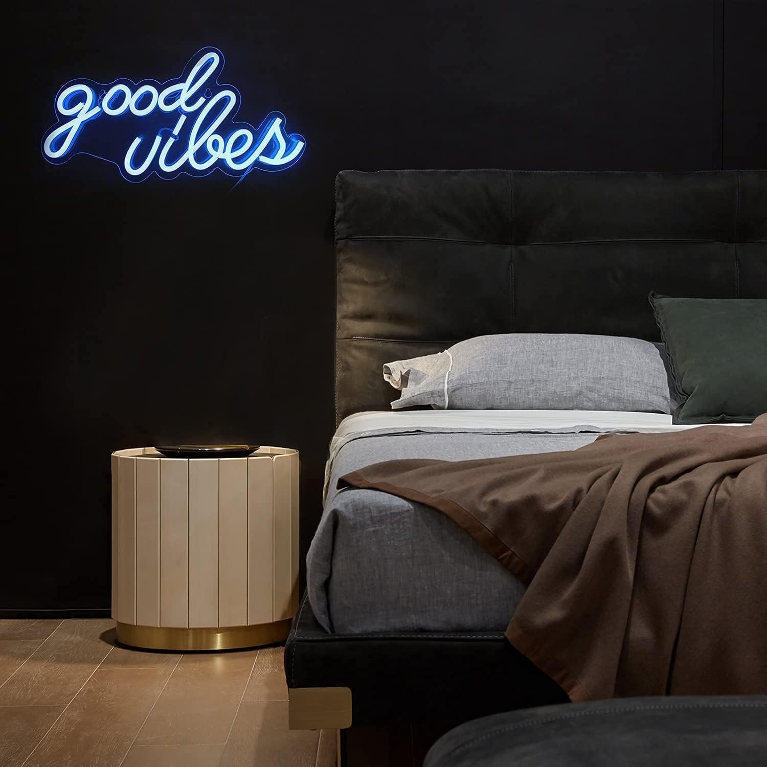 DECANIT Good Vibes neon sign ice blue creates a vibrant streamer backdrop