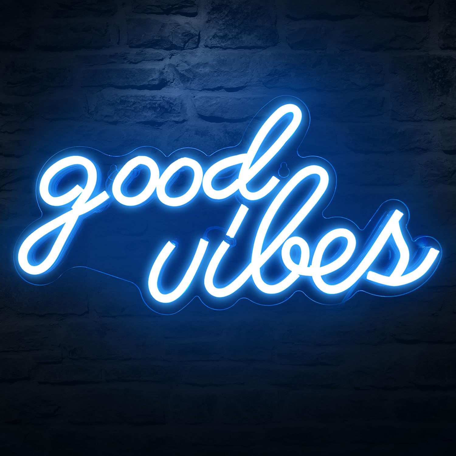 DECANIT Good Vibes neon sign with ice blue glow enhances wall decor ambiance