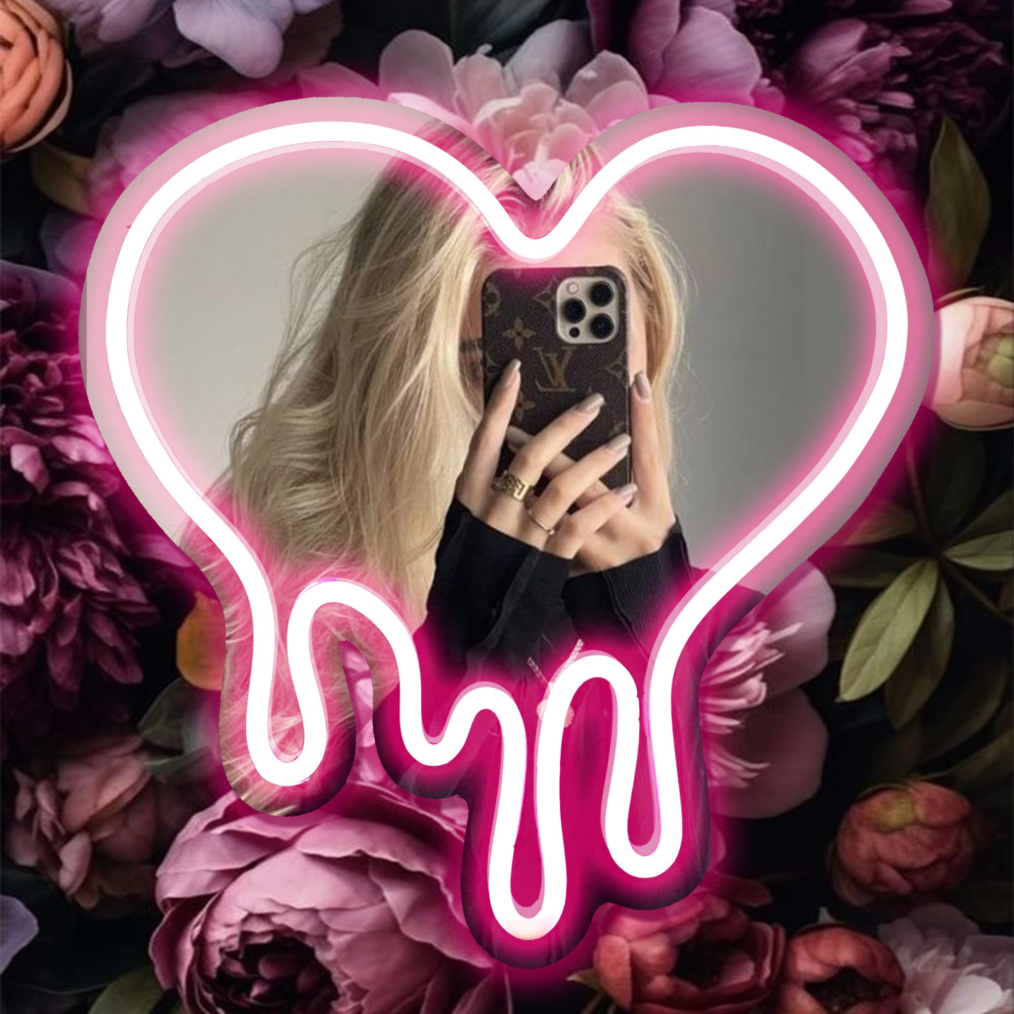DECANIT Heart Neon Sign enhances storefront decor with a pink glow.