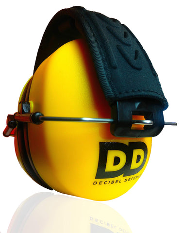 DECIBEL DEFENSE ear muffs folded for compact storage and easy transport.