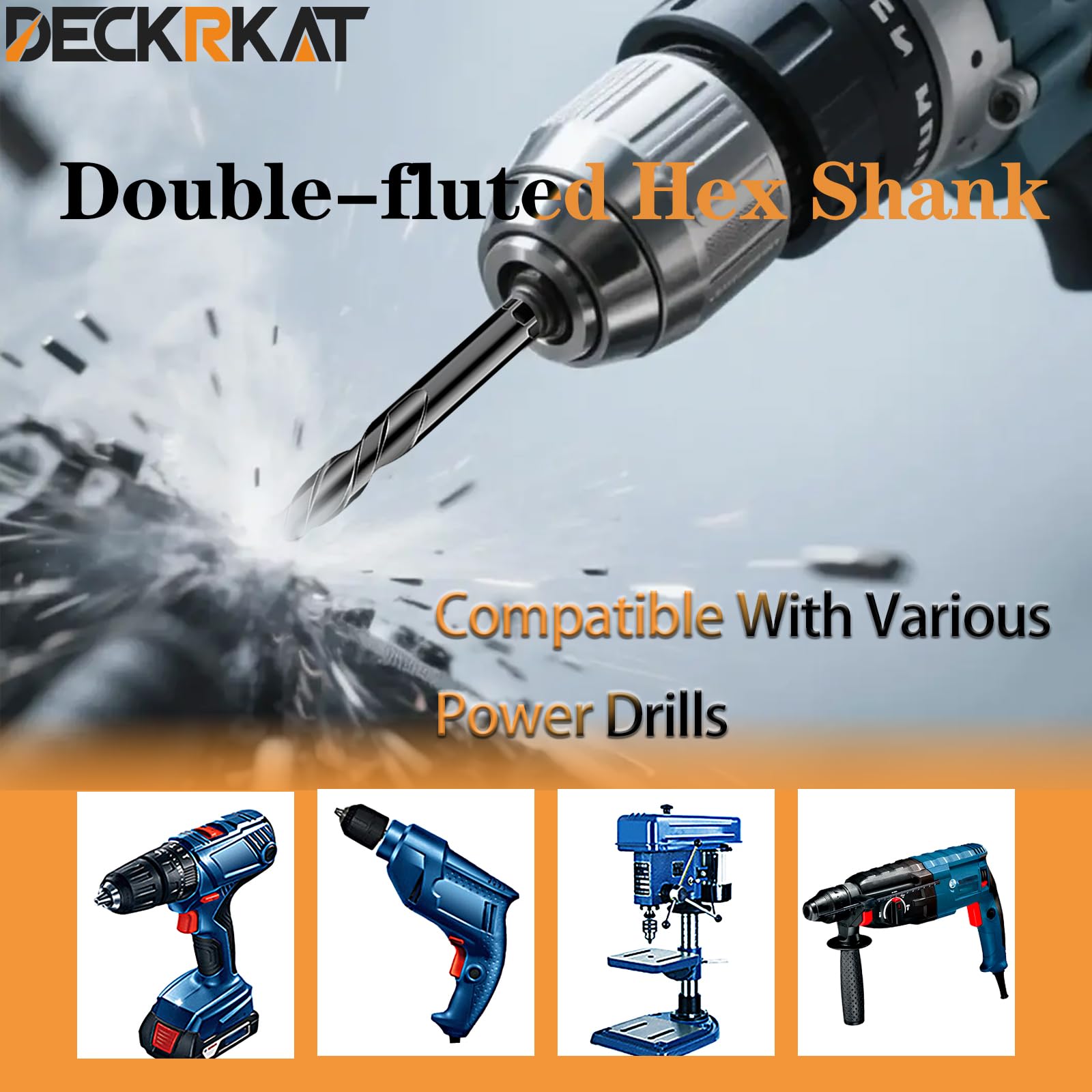 DECKRKAT bits drill through concrete, tile, brick, and ceramic surfaces.