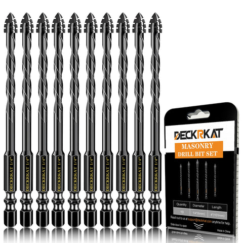 DECKRKAT upgraded 4-flute serrated masonry drill bits drilling concrete with precision and reduced effort.