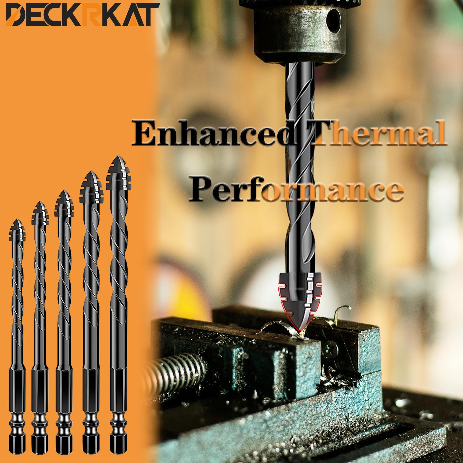 DECKRKAT versatile 1-4-inch bits cover concrete, ceramic, brick, tile, glass.