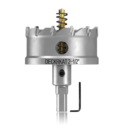 DECKRKAT 65mm TCT hole saw cleanly cuts stainless steel panels.