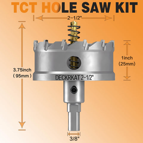 DECKRKAT hole saw kit with pilot bit and case for easy setup.