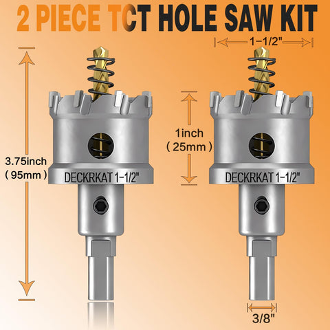 DECKRKAT two-pack 38mm hole saws with spring-loaded pilot bits