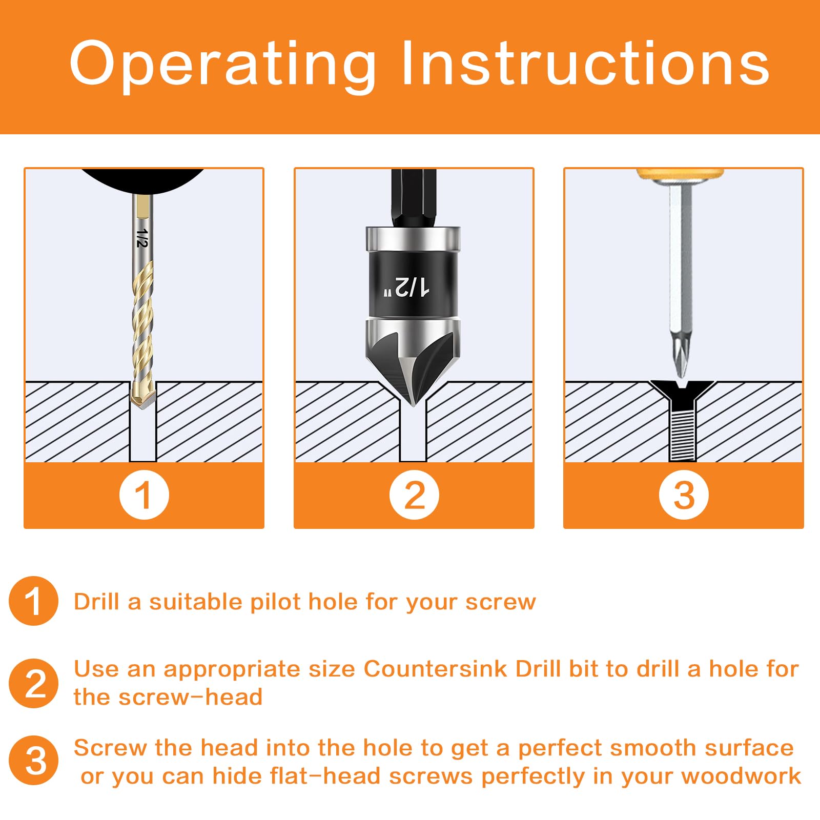 Deckrkcat countersink bit 1/2 inch for flush screw heads and clean surfaces