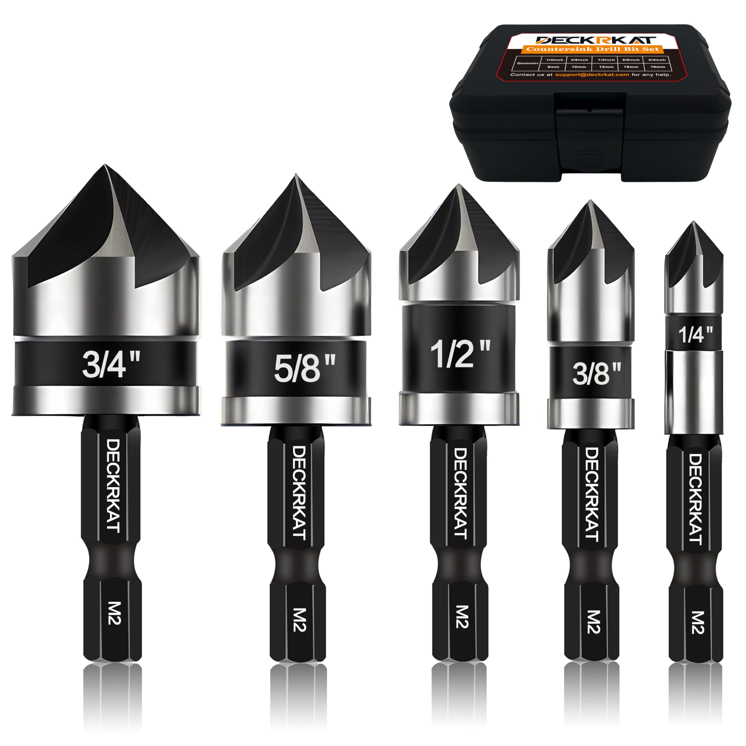 Deckrkcat countersink bit set with 1/4 inch quick-change shank for precise chamfers