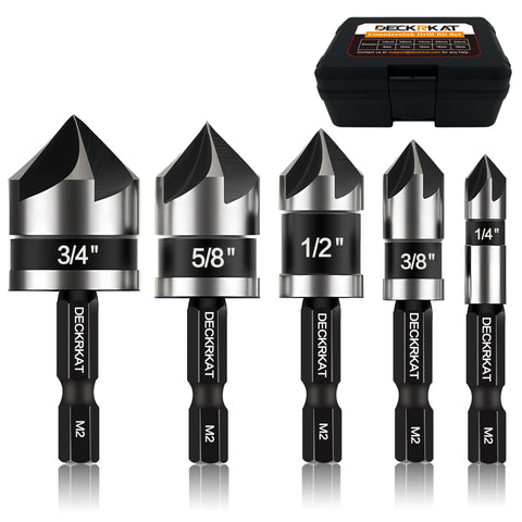 Deckrkcat countersink bit set with 1/4 inch quick-change shank for precise chamfers