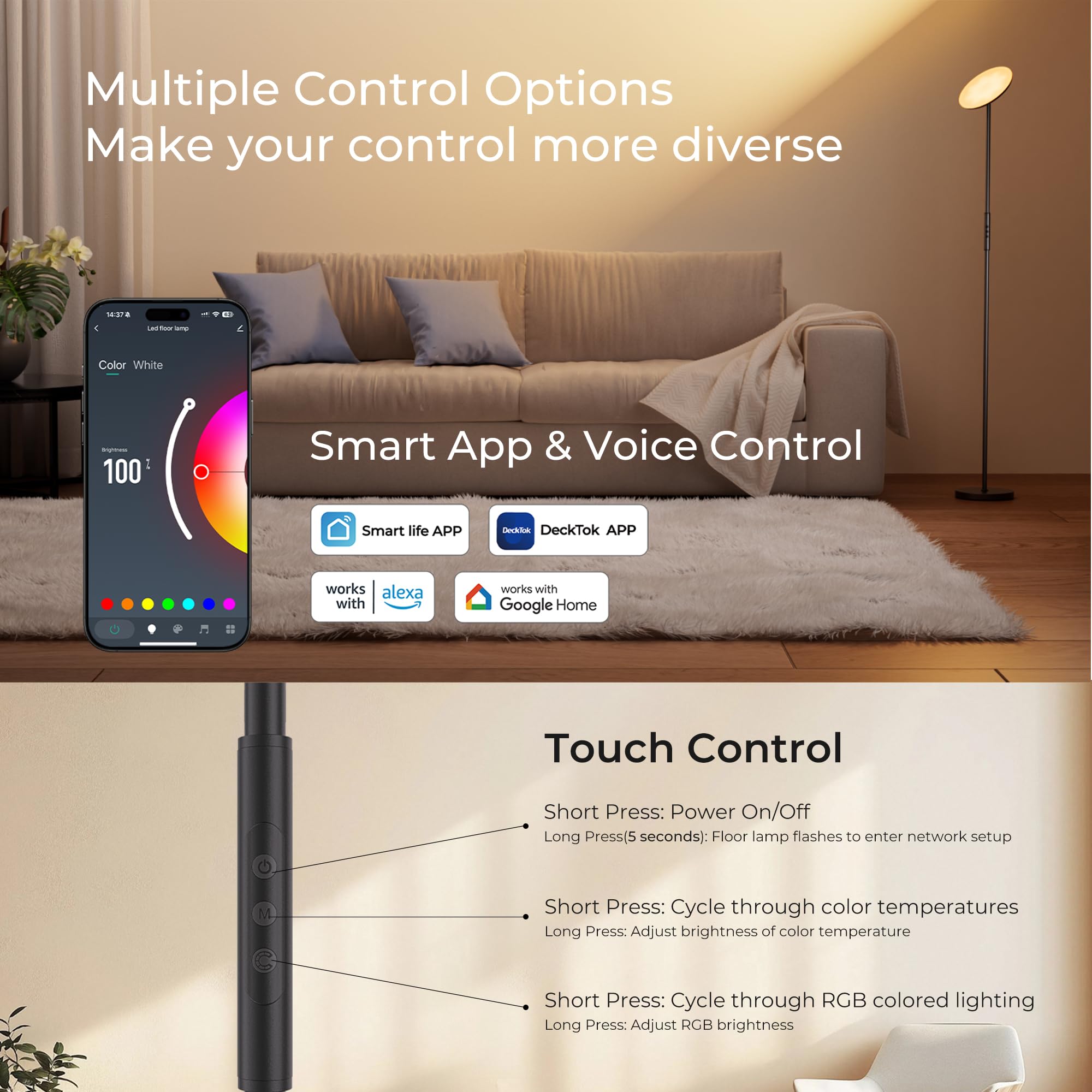 DeckTok floor lamp controlled via app for convenient lighting scenes.