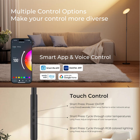 DeckTok floor lamp controlled via app for convenient lighting scenes.