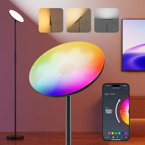DeckTok RGBWW floor lamp displaying color spectrum for versatile ambient lighting.