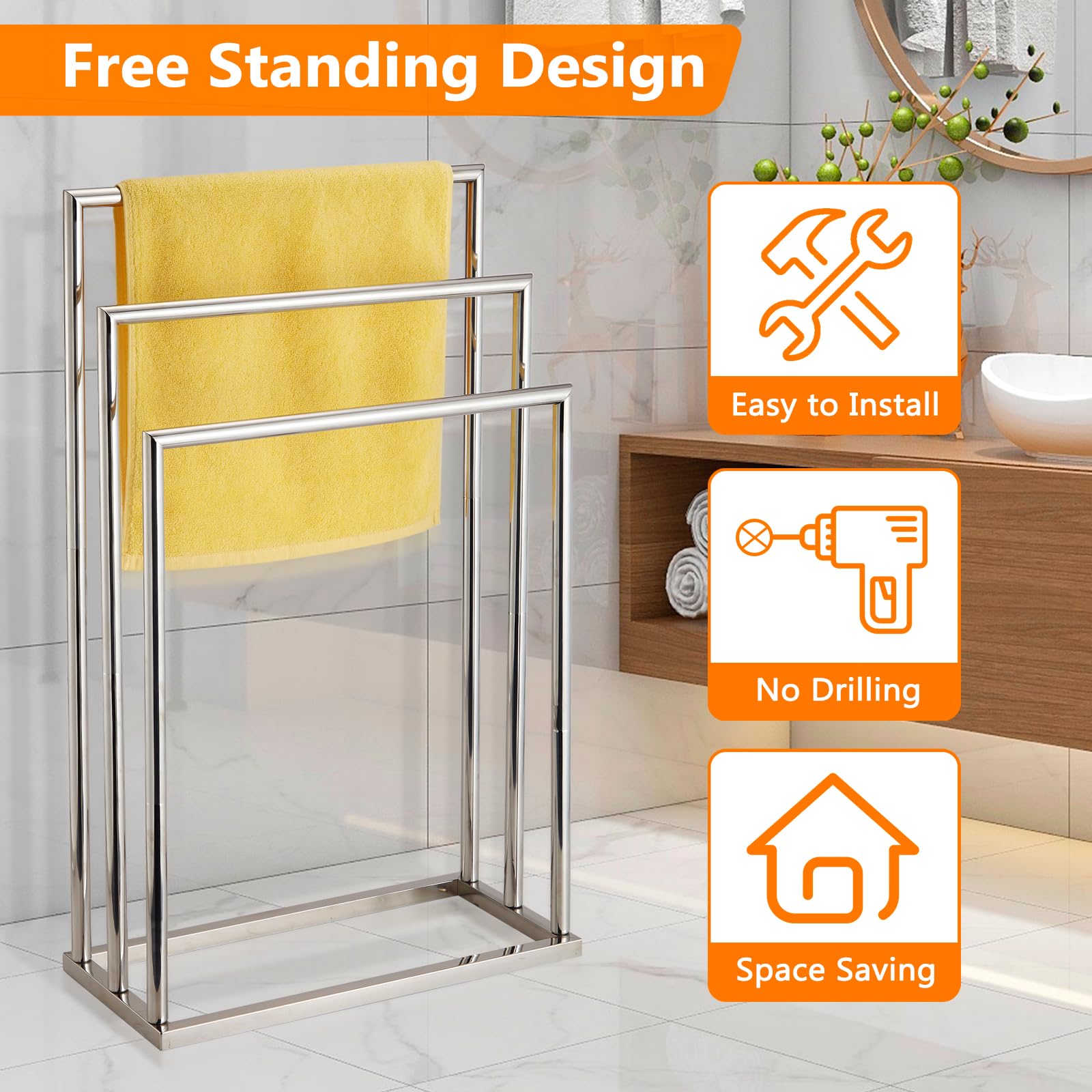 DECLUTTR outdoor poolside towel rack in chrome withstands outdoor use