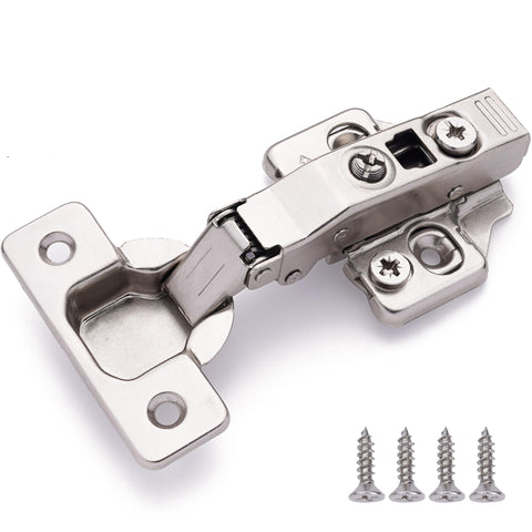 DecoBasics full overlay hinge close-up shows soft close damper for quiet cabinet doors.