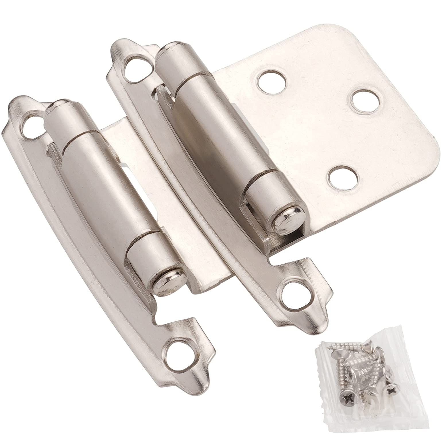 DecoBasics brushed nickel hinge closeup highlighting durable finish for kitchen cabinets