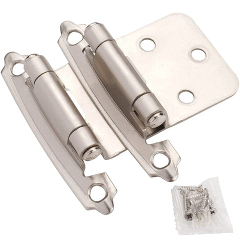 DecoBasics brushed nickel hinge closeup highlighting durable finish for kitchen cabinets