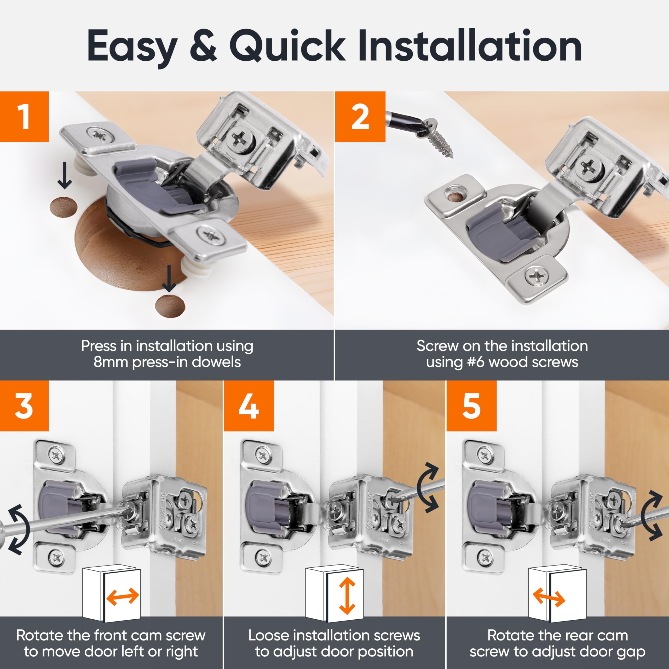DecoBasics face-frame hinges compatible with 1-1/4 overlay cabinets for fast upgrades.