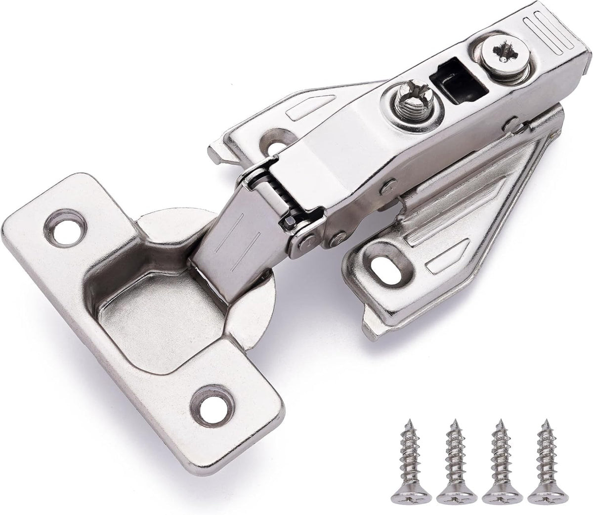 DecoBasics full overlay hinge with clip-on plate enables quick, quiet cabinet door closure.