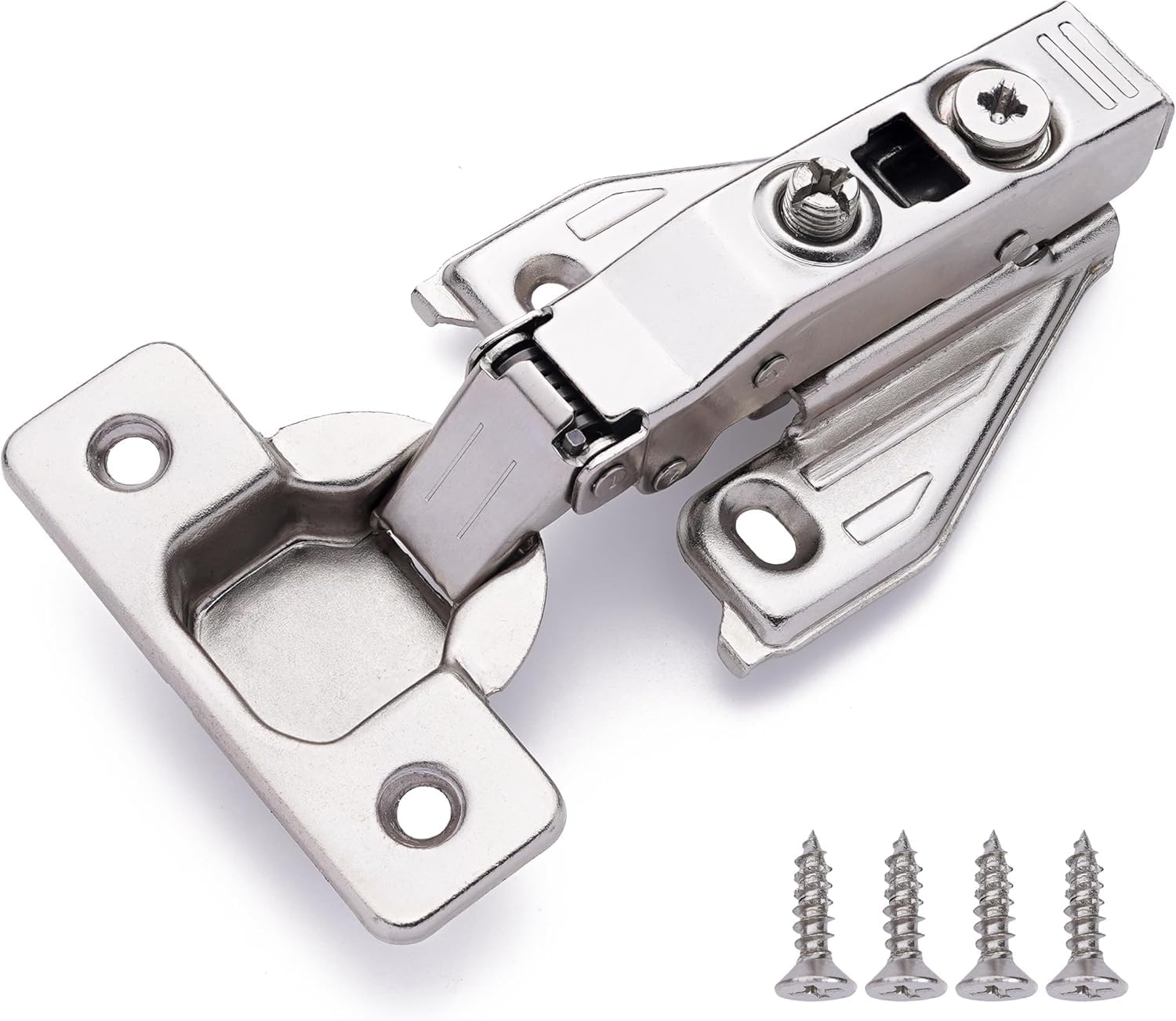 DecoBasics full-overlay hinge front view with clip-on plate for seamless kitchen upgrade.