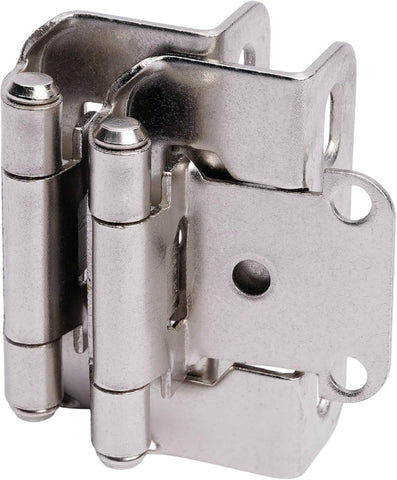 Decobasics half-inch overlay hinge in brushed nickel for smooth, quiet cabinet closing