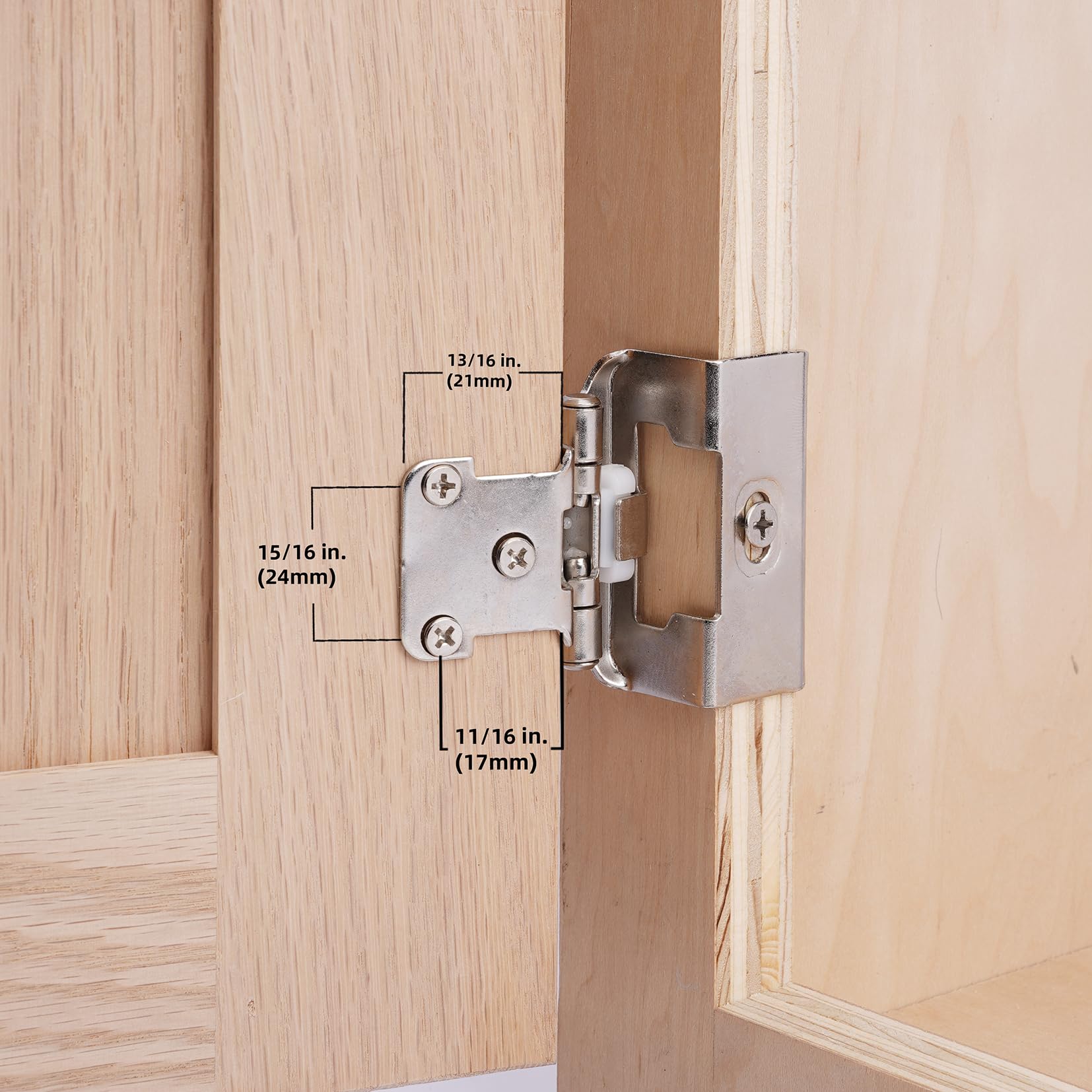 DecoBasics satin nickel finish hinge, elegant look for modern kitchen cabinets.