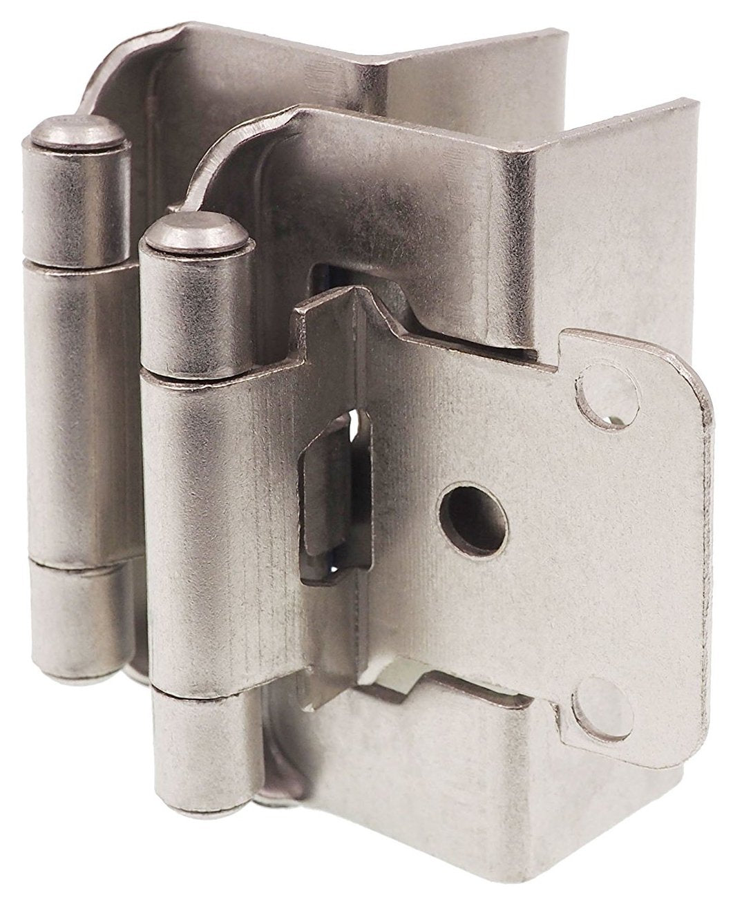 DecoBasics overlay full wrap hinge, side view, showing durable construction for long-lasting cabinet doors.