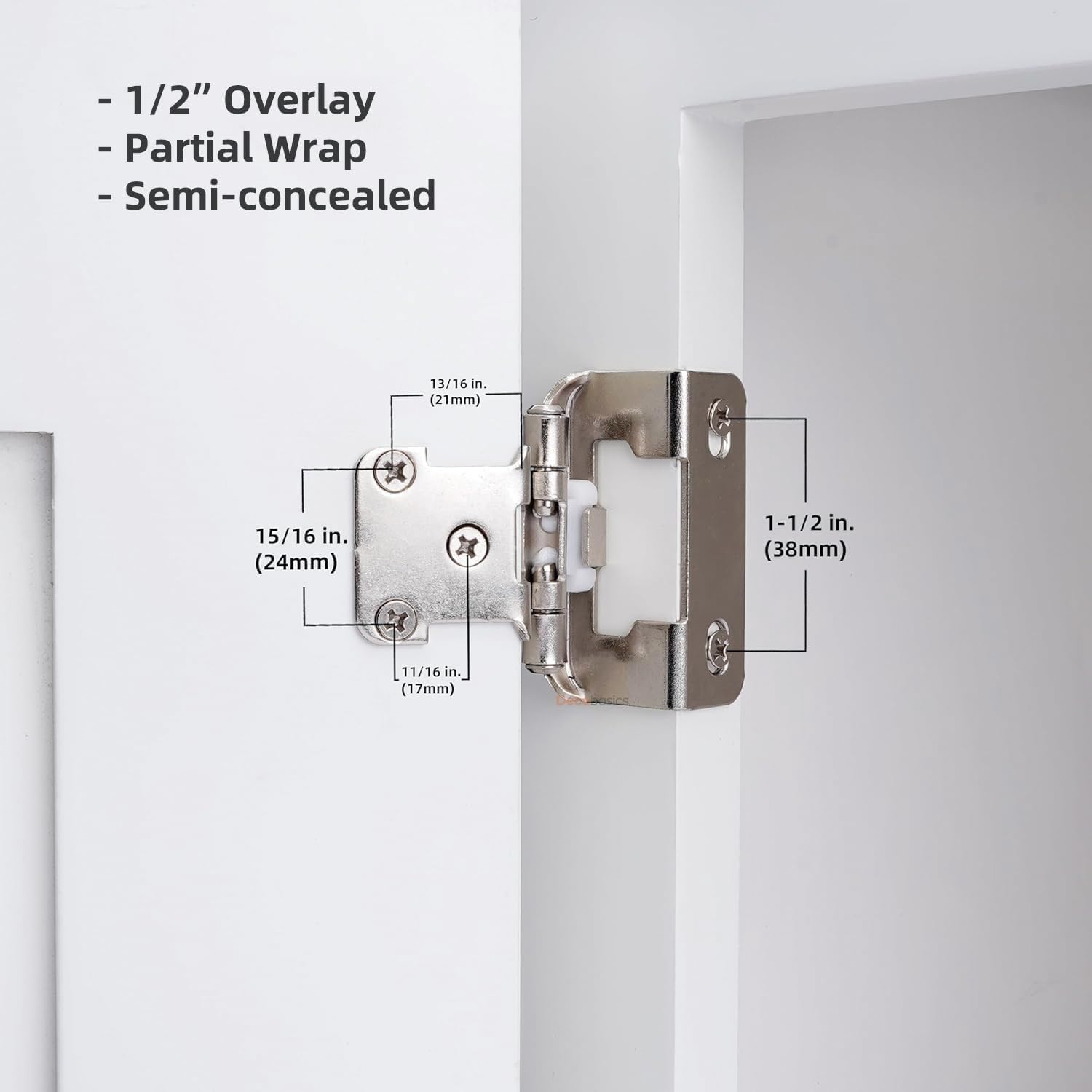 DecoBasics self-closing hinge with spring mechanism in use on a cabinet door.
