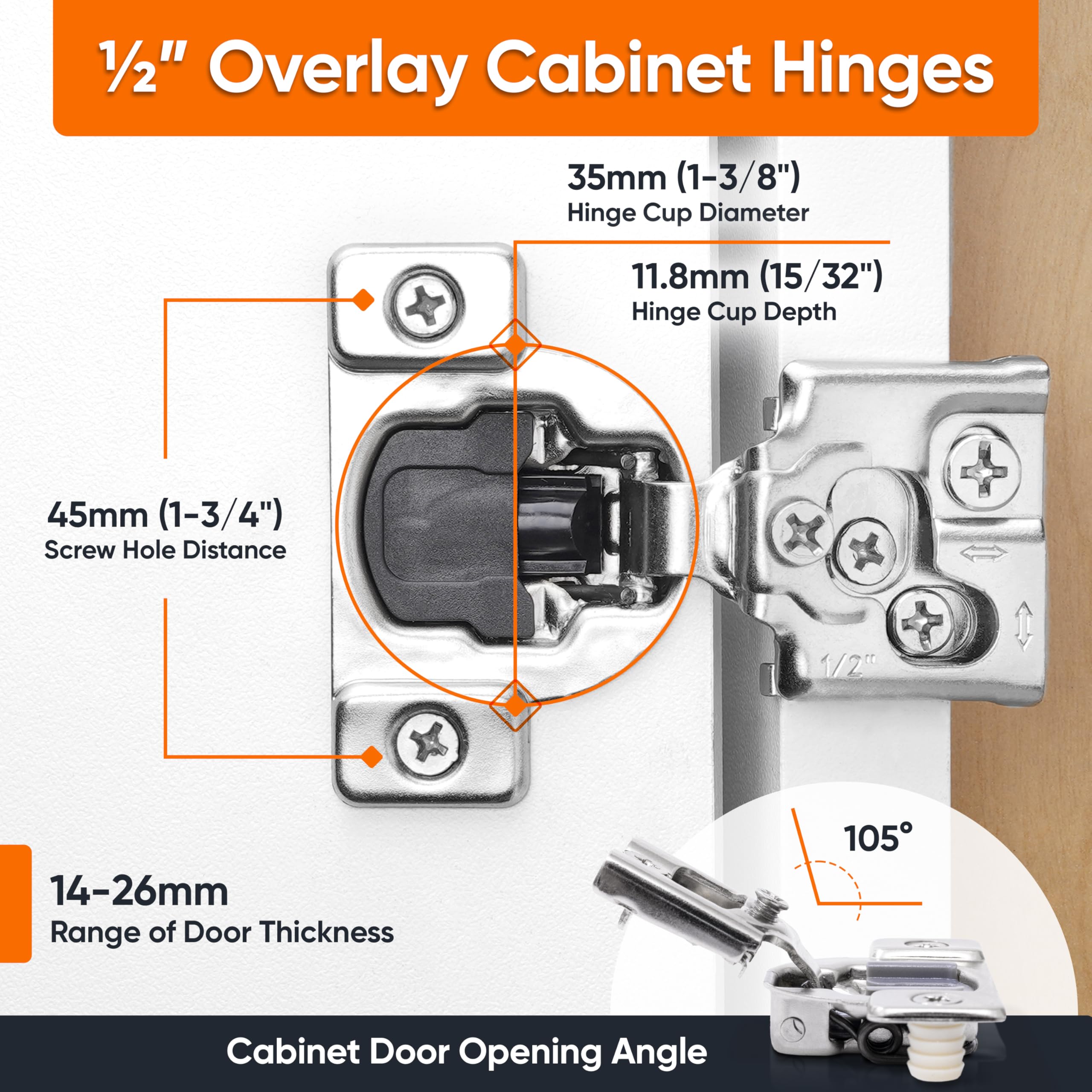 Decobasics 1/2-overlay hinge close-up for precise face-frame mounting