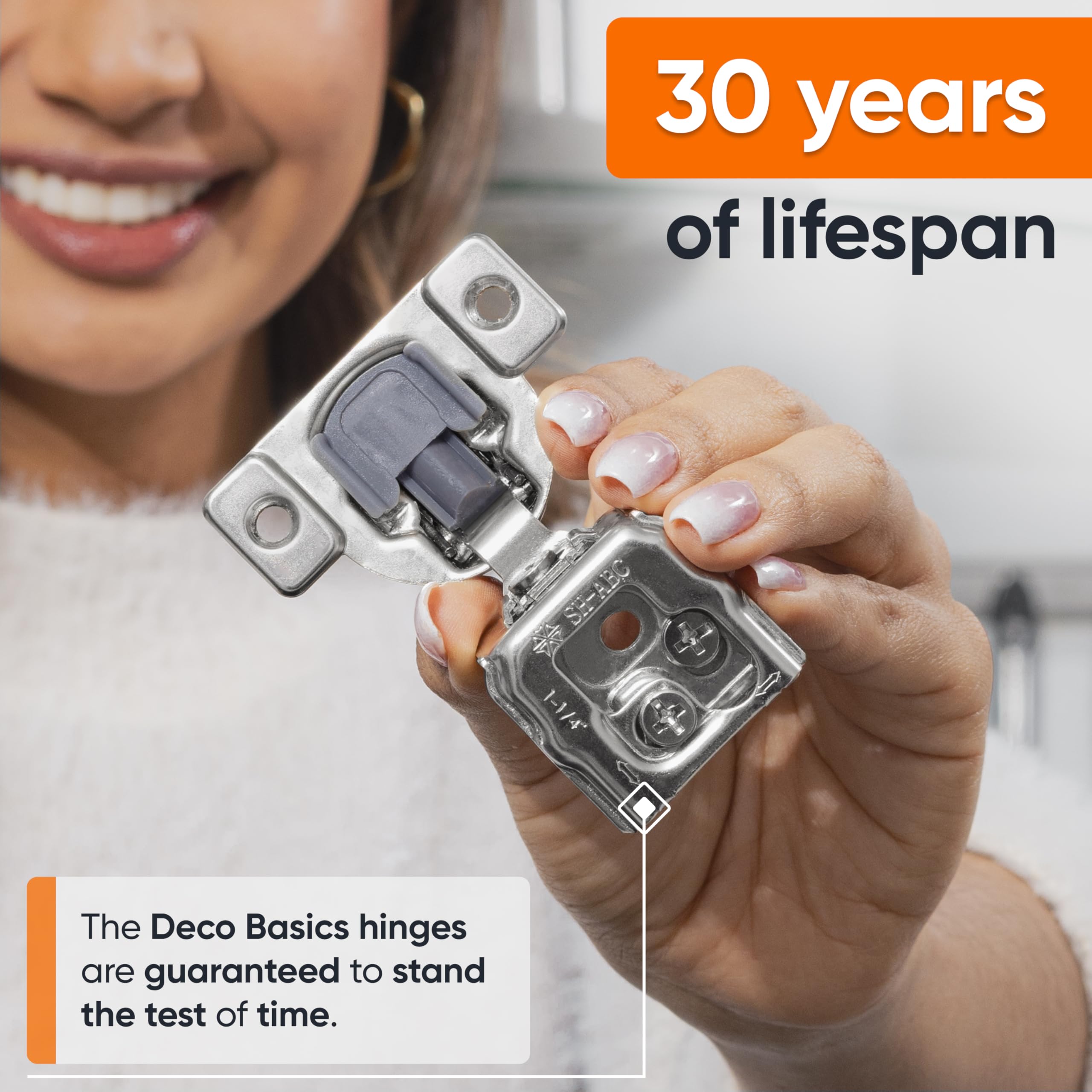 DecoBasics stainless steel hinges resist wear for long-lasting kitchen cabinet performance.