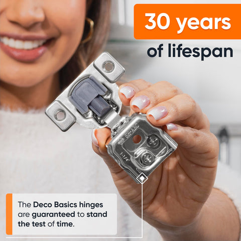 DecoBasics stainless steel hinges resist wear for long-lasting kitchen cabinet performance.
