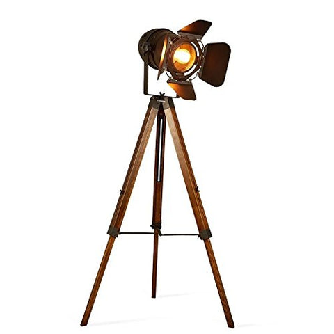 Dec Luce Decoluce Lighting vintage tripod floor lamp base enhances living room ambiance.