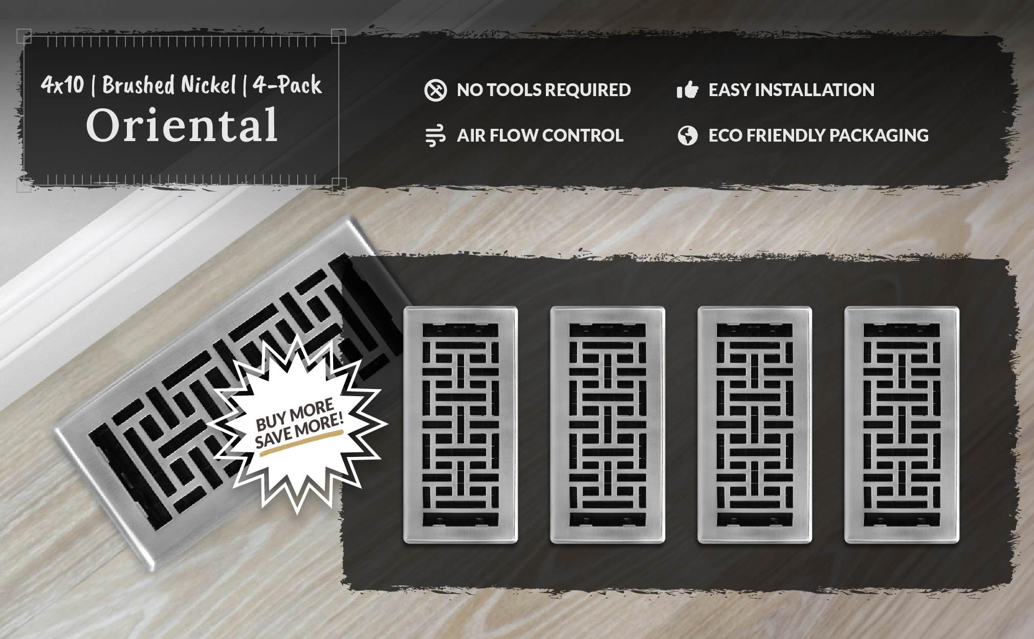 Decor Grates AJH410-NKL floor register in use on floor for real-world styling.
