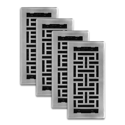 Decor Grates AJH410-NKL Oriental Floor Register front view in brushed nickel enhances cohesive decor.