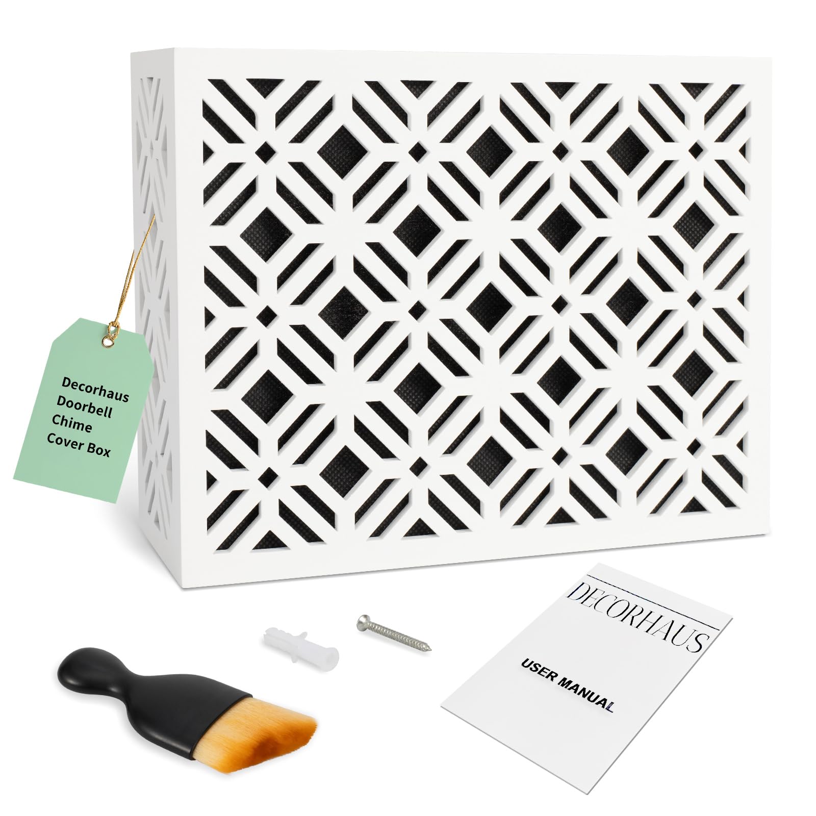 Decorhaus doorbell chime cover box with white aesthetic wood design hides unsightly chimes.