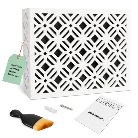 Decorhaus doorbell chime cover box with white aesthetic wood design hides unsightly chimes.