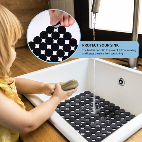 Decostatue adjustable kitchen mat cut-to-fit for any sink, simplifying setup and cleaning.
