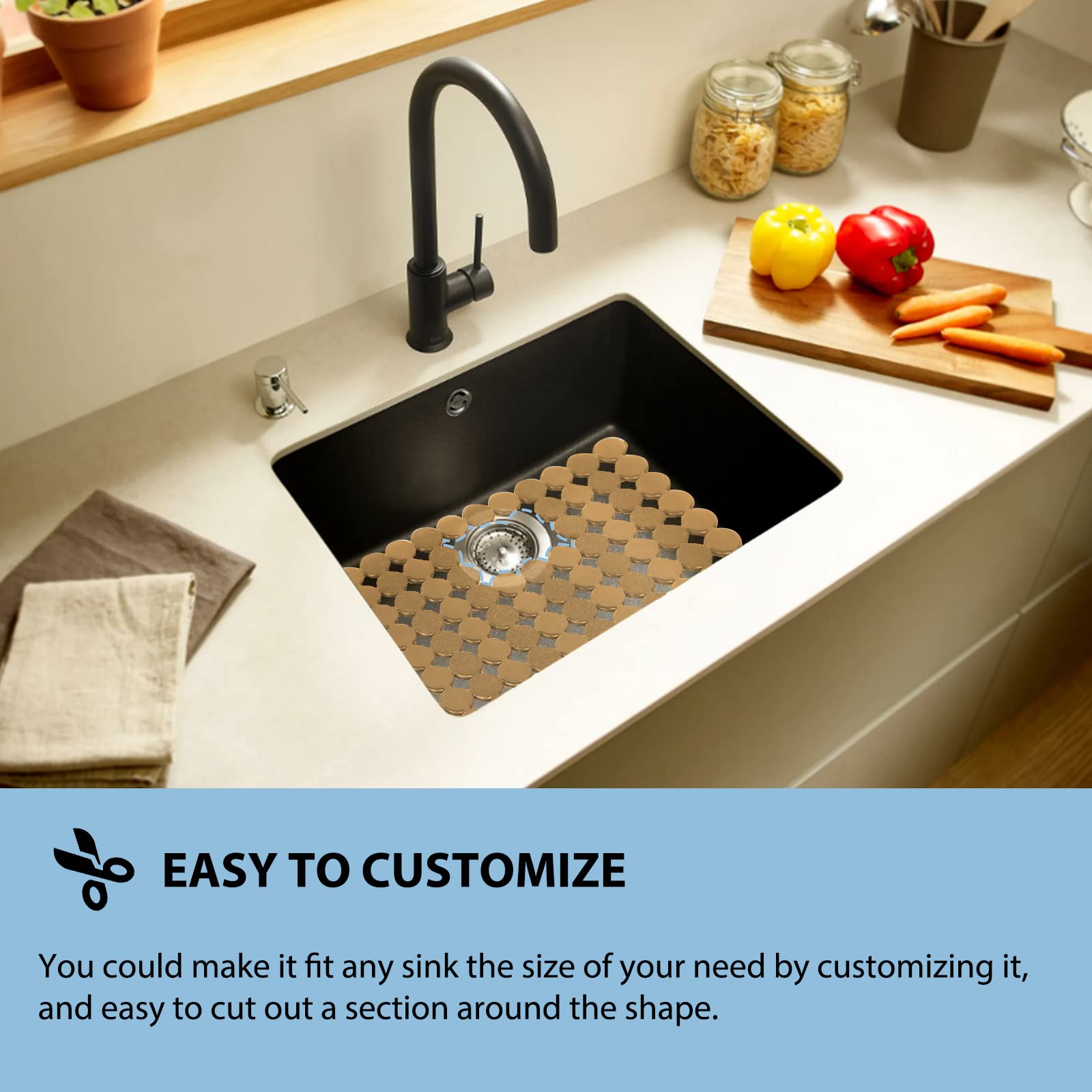 Decostatue heavy-duty PVC mat absorbs impact while protecting sink surfaces.