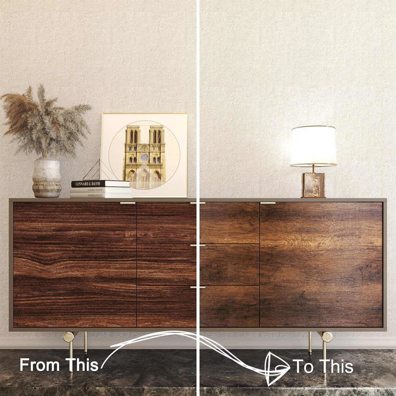 Decotalk wood grain wallpaper refreshes dressers and shelves with cohesion.