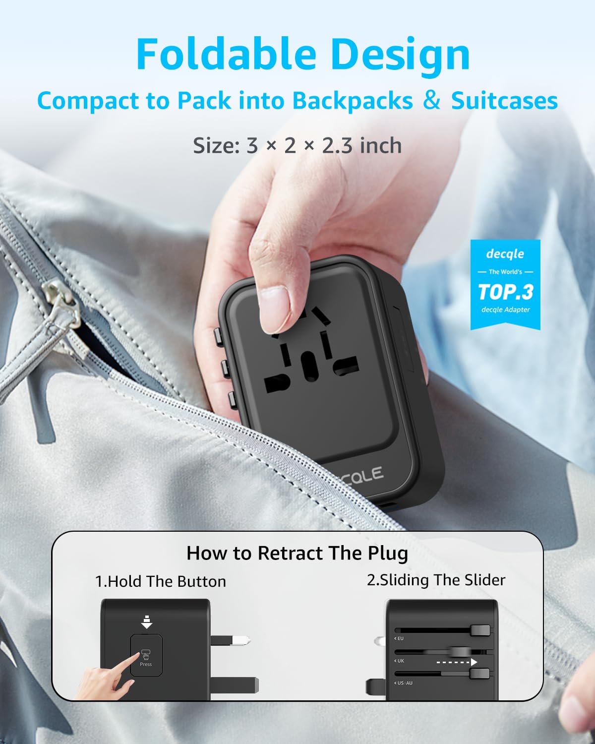 decqle compact cube design fits neatly in carry-ons