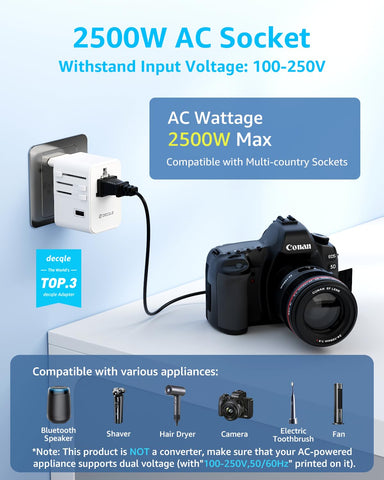 decqle universal travel adapter in compact case, ideal for lightweight packing.
