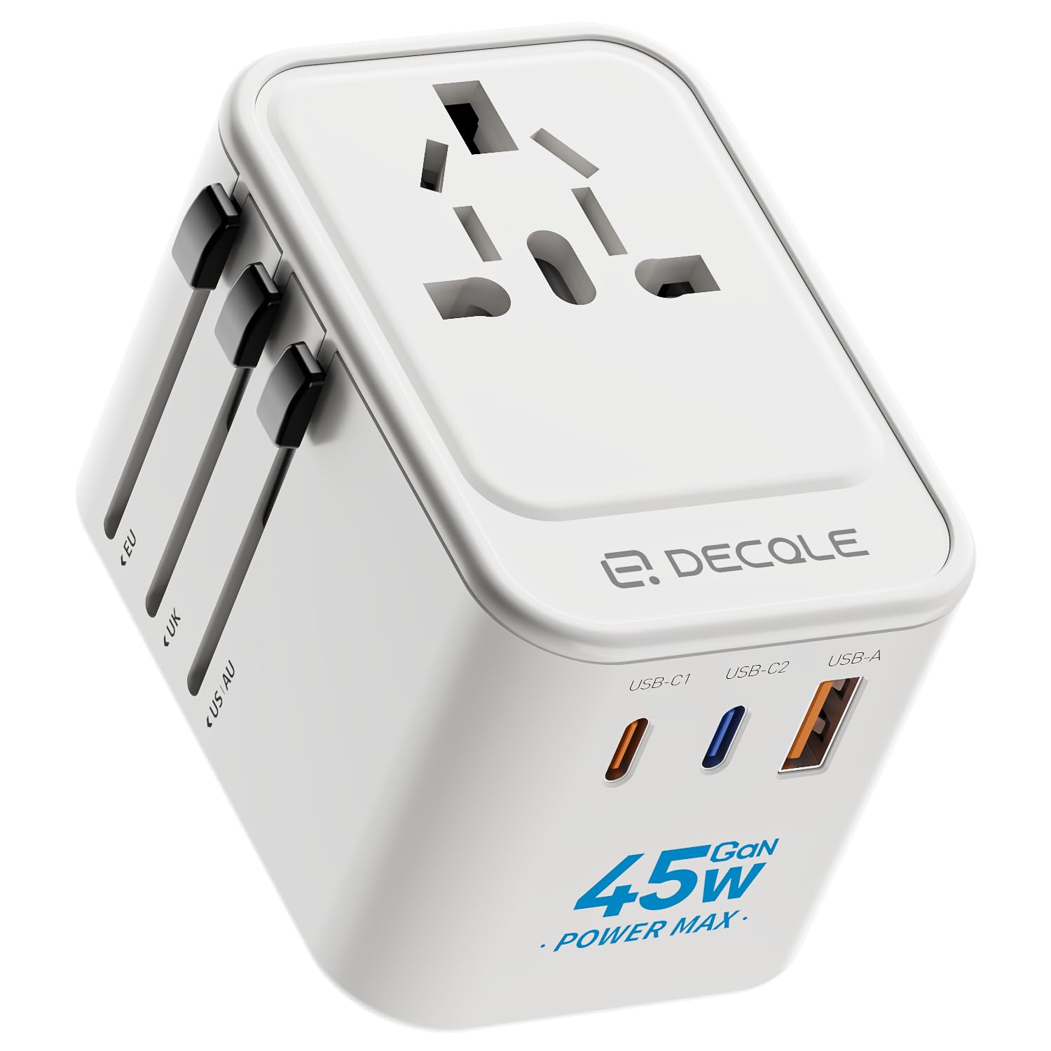 Decqle universal travel adapter front view with four plug types for worldwide use
